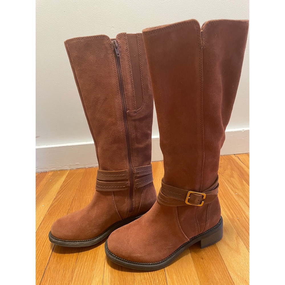 Clarks Womens Brown Suede Knee High Riding Boots Side Zip Buckle Detail Size 6.5